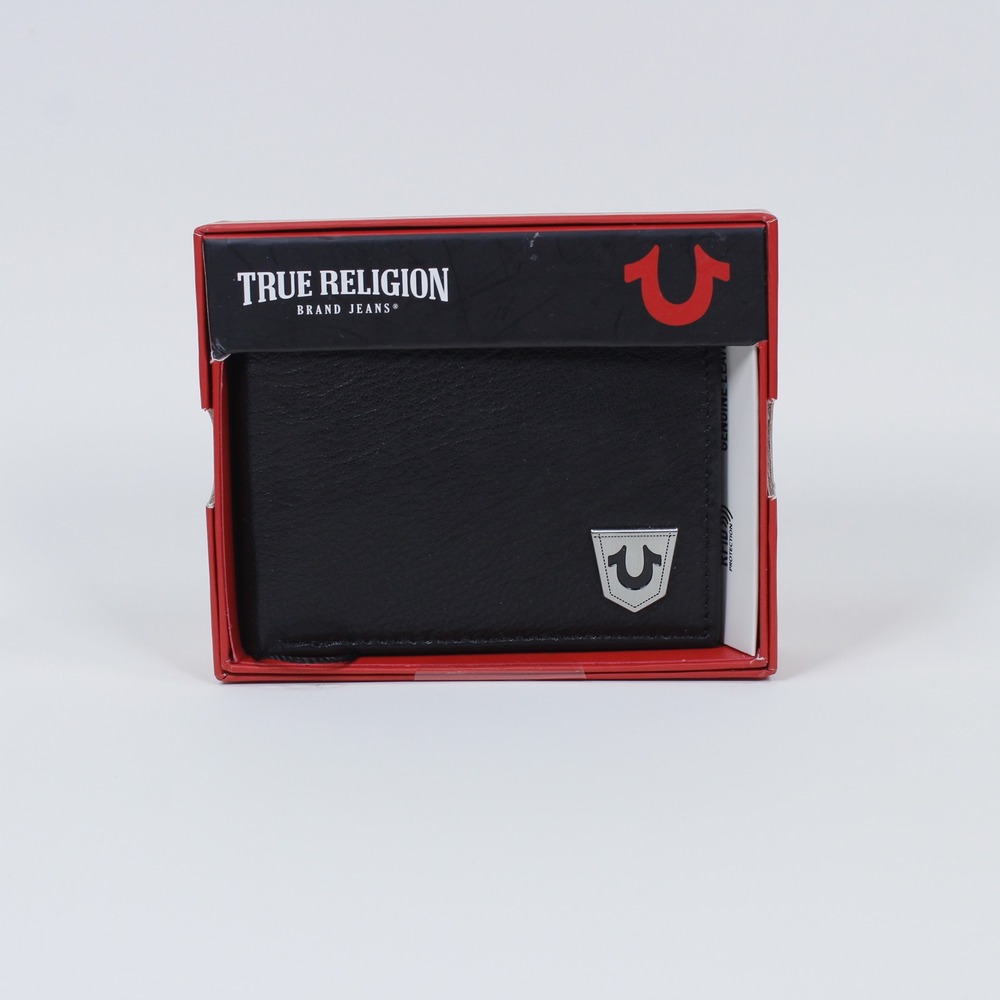 True Religion Forbes Men's Black Leather Bifold Wallet RFID Protection NIB